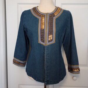Embellished Denim Topper Jacket sz S Petite Boho Tribal Beaded